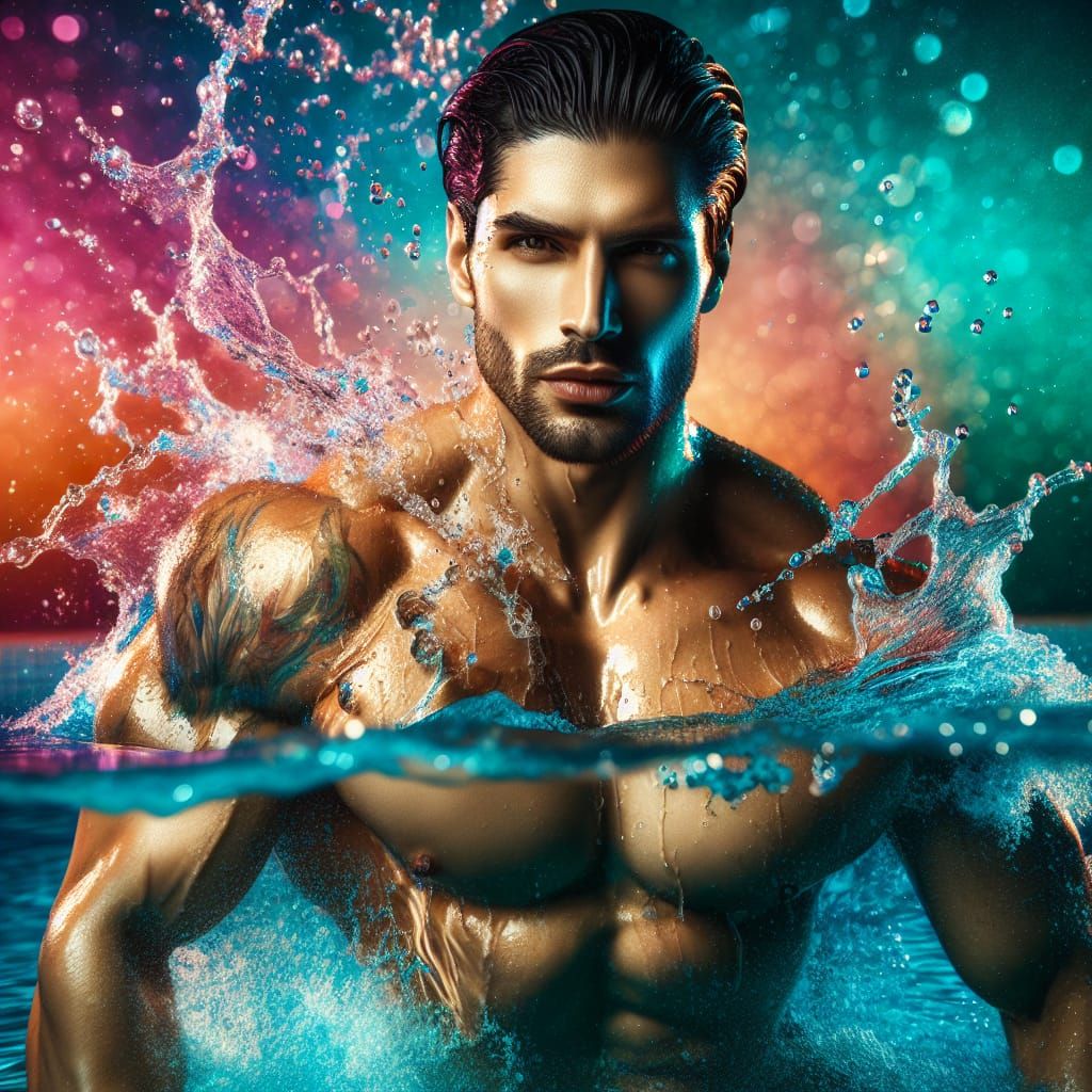 Muscular Man in Pool: Hyperrealistic Splash Art