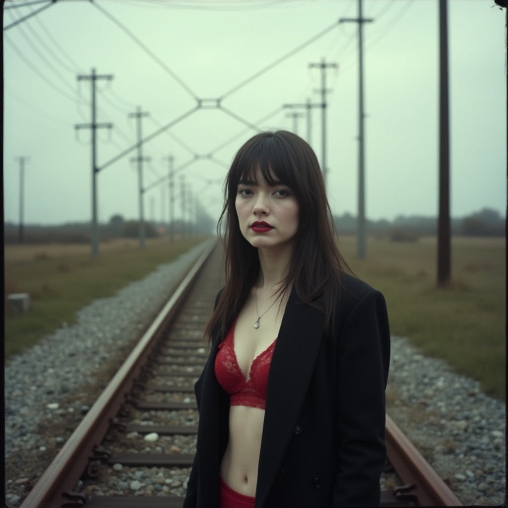 Woman by Railroad in Gloomy Cinematic Landscape
