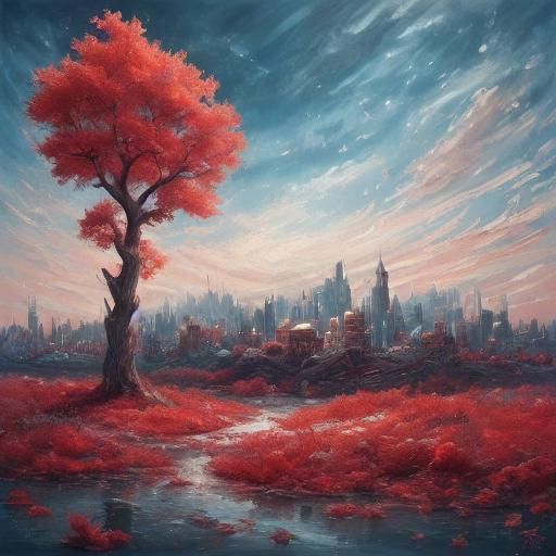 Futuristic Autumn Landscape with Red Sky