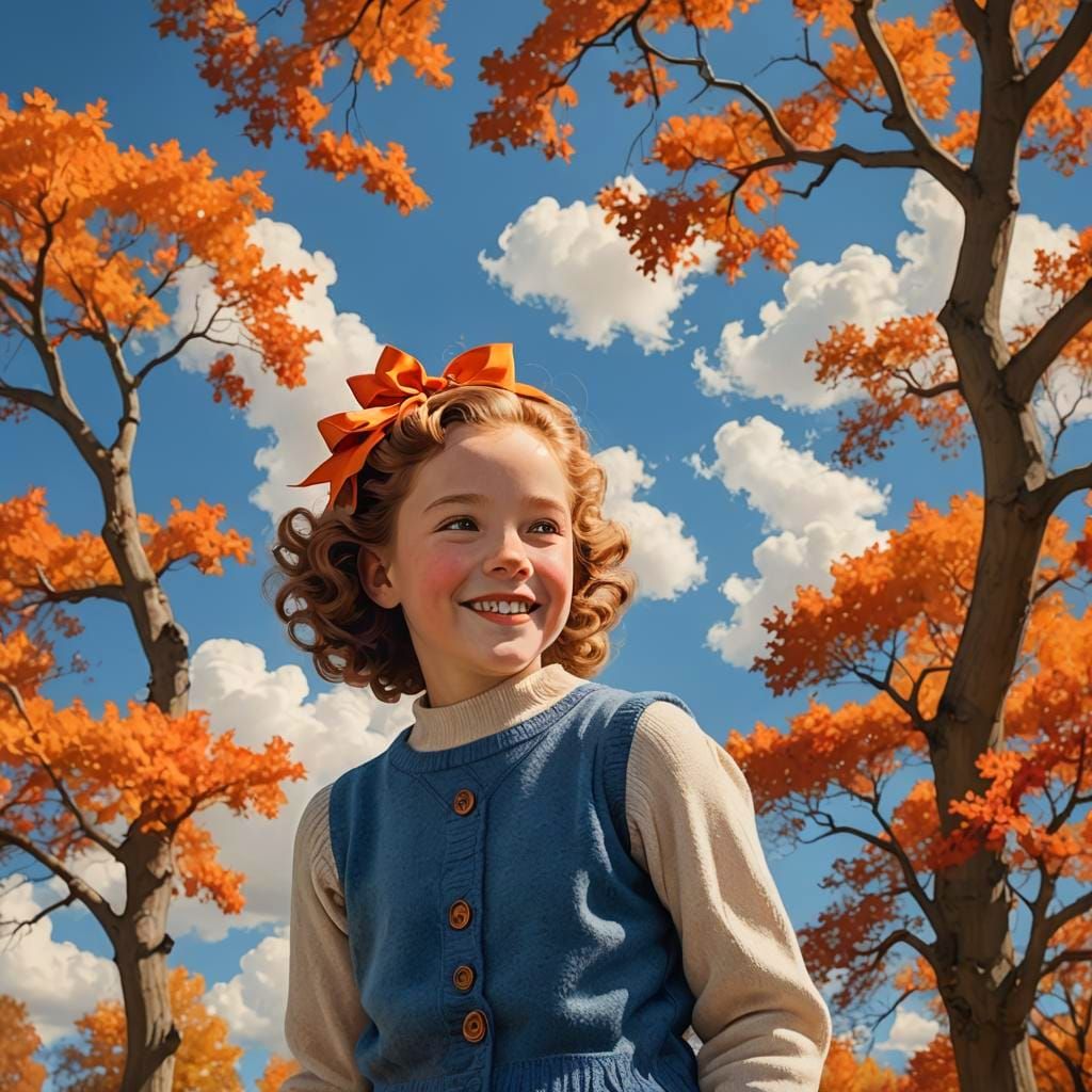 Smiling Girl in Autumn, Parrish-Inspired Photograph