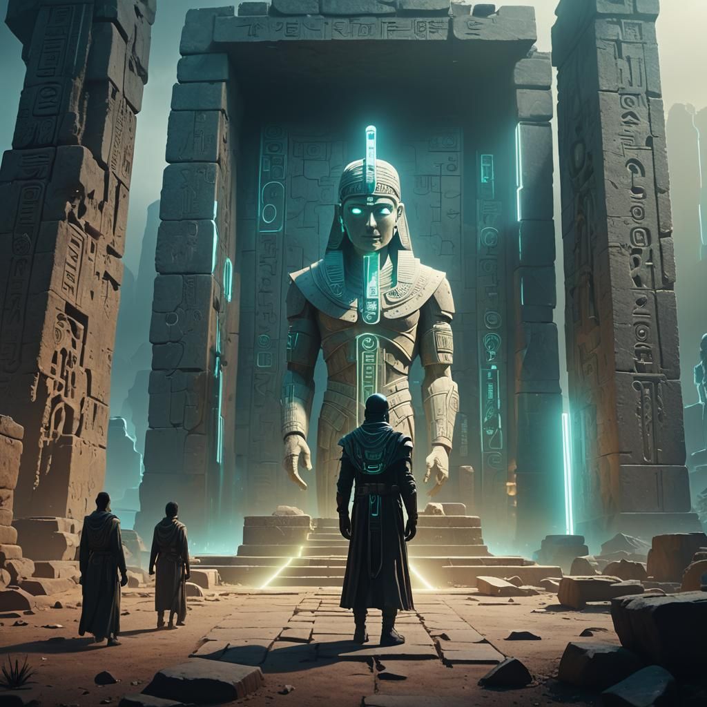 Futuristic Archaeological Site with Neon Hieroglyphics