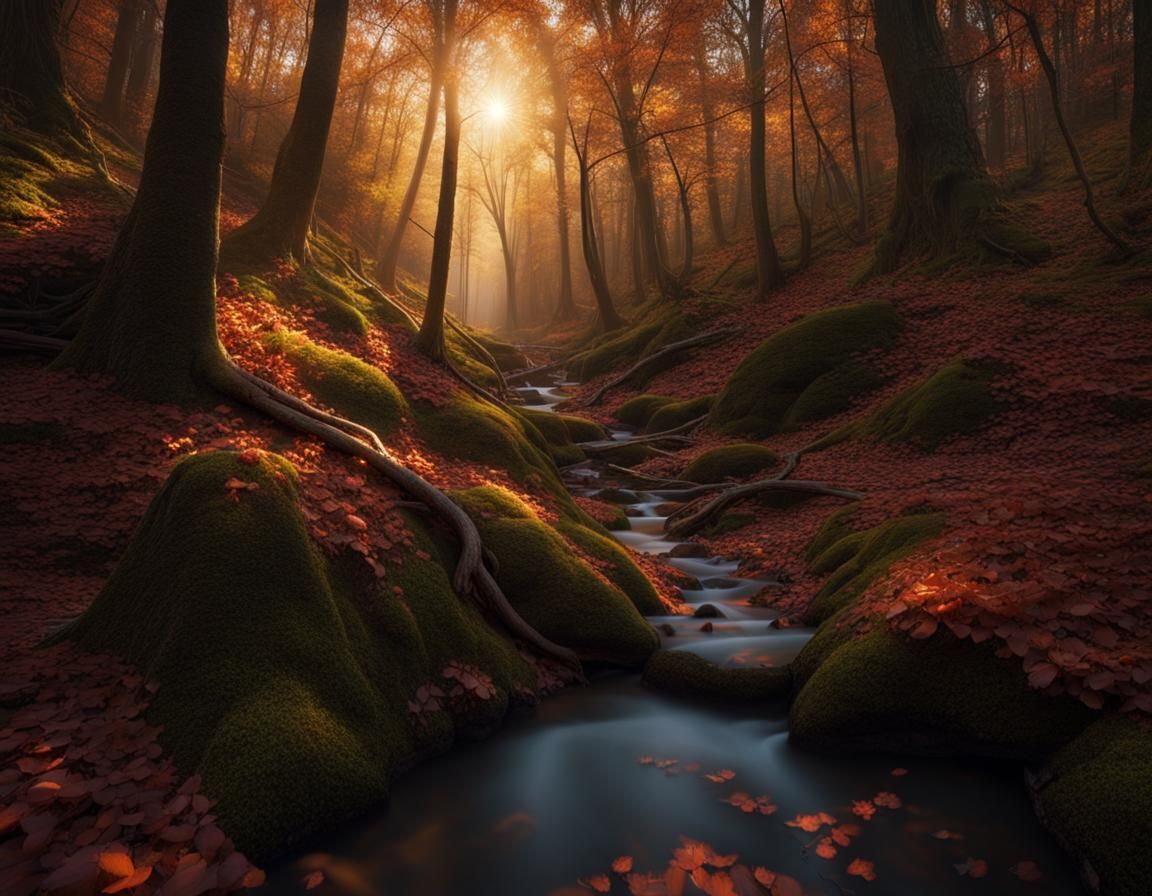 Autumn Forest Ravine at Magic Hour