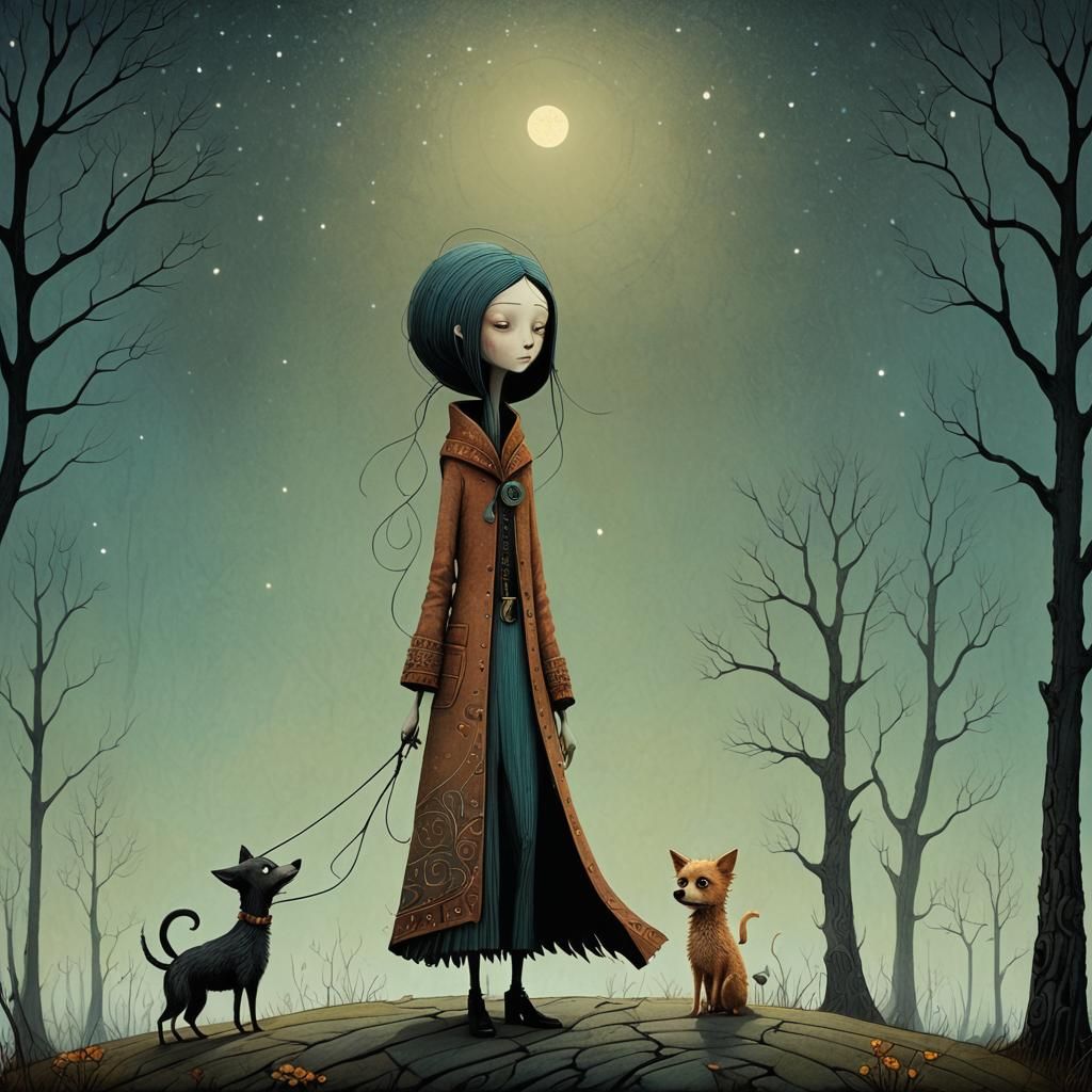 Whimsical Cartoon Lady with Dog, in 3D Realistic Style
