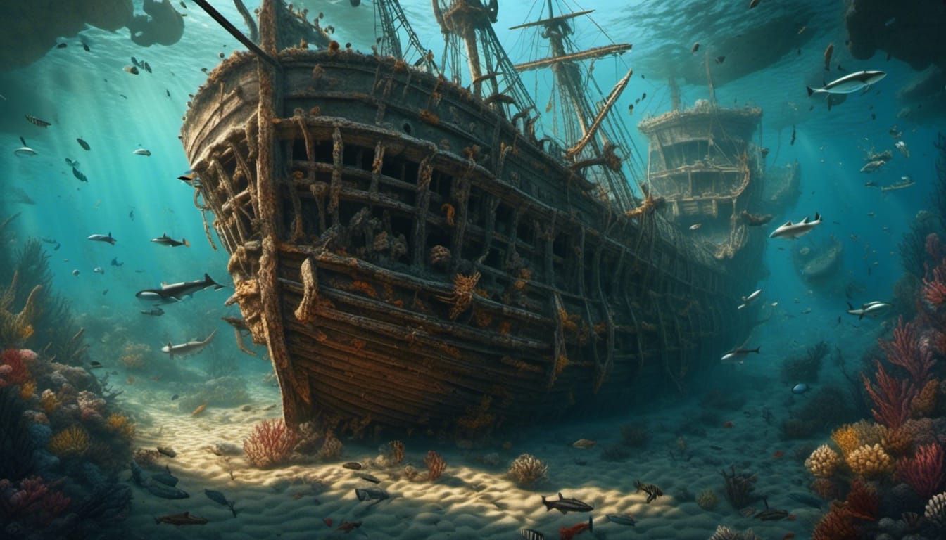 Sunken Spanish Galleon Shipwreck with Marine Life