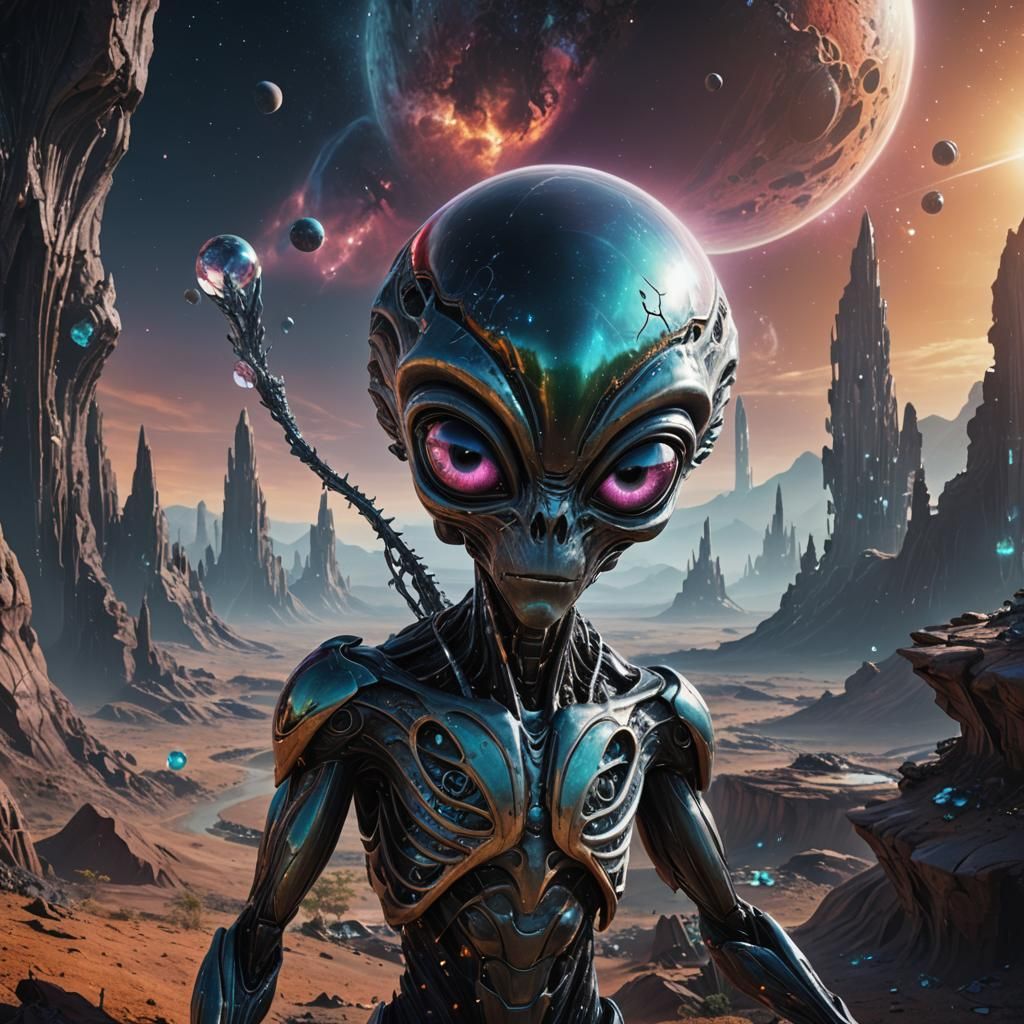 an alien made of crystal::2 big shiny black eyes, soulful ey...