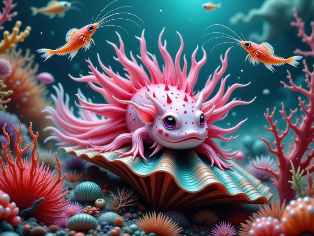 Hot Pink Axolotl in Bioluminescent Coral Reef