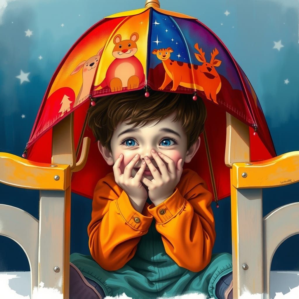 Playful Child in Whimsical Hideaway Under Sparkling Umbrella