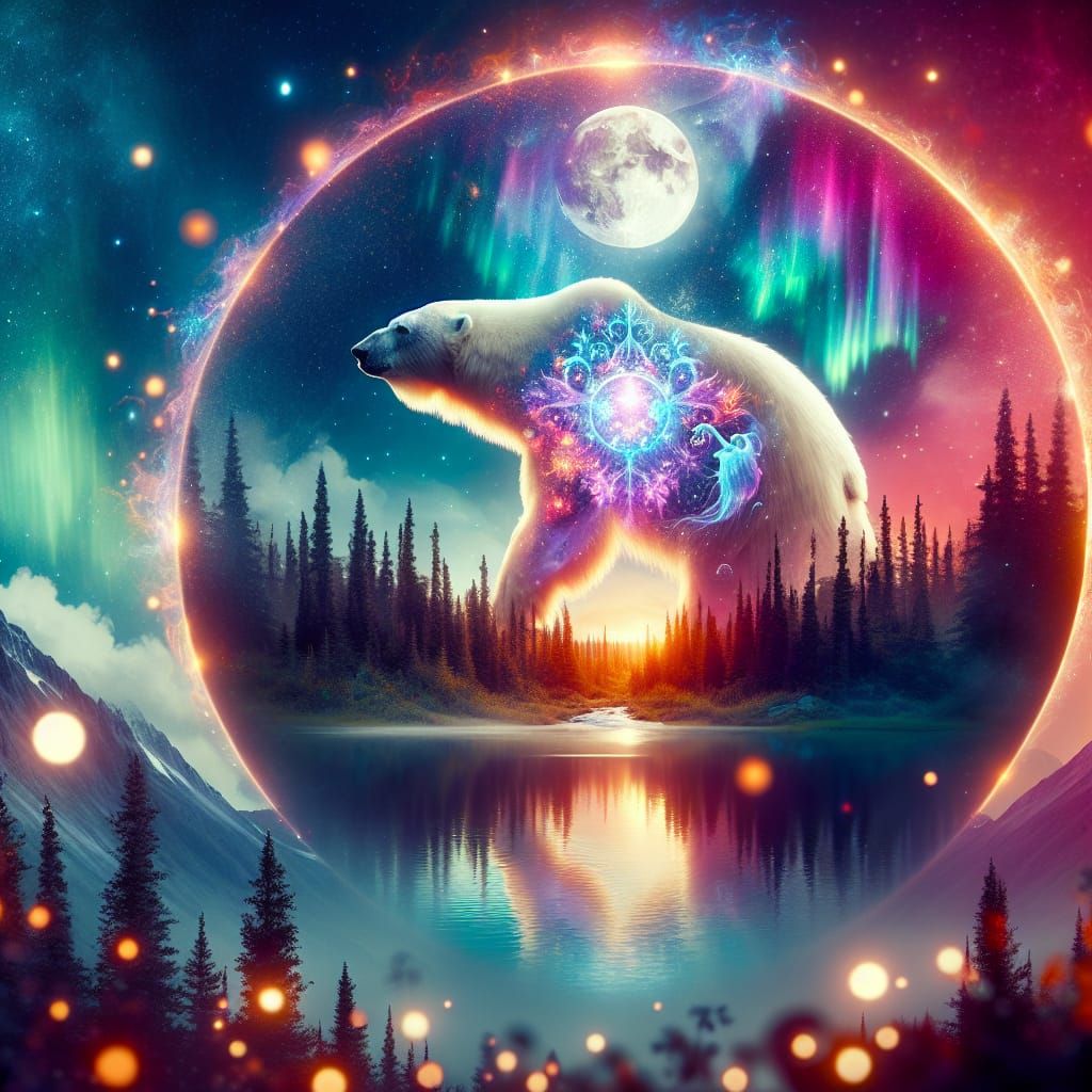 Radiant Polar Bear Patronus in Fantasy Landscape