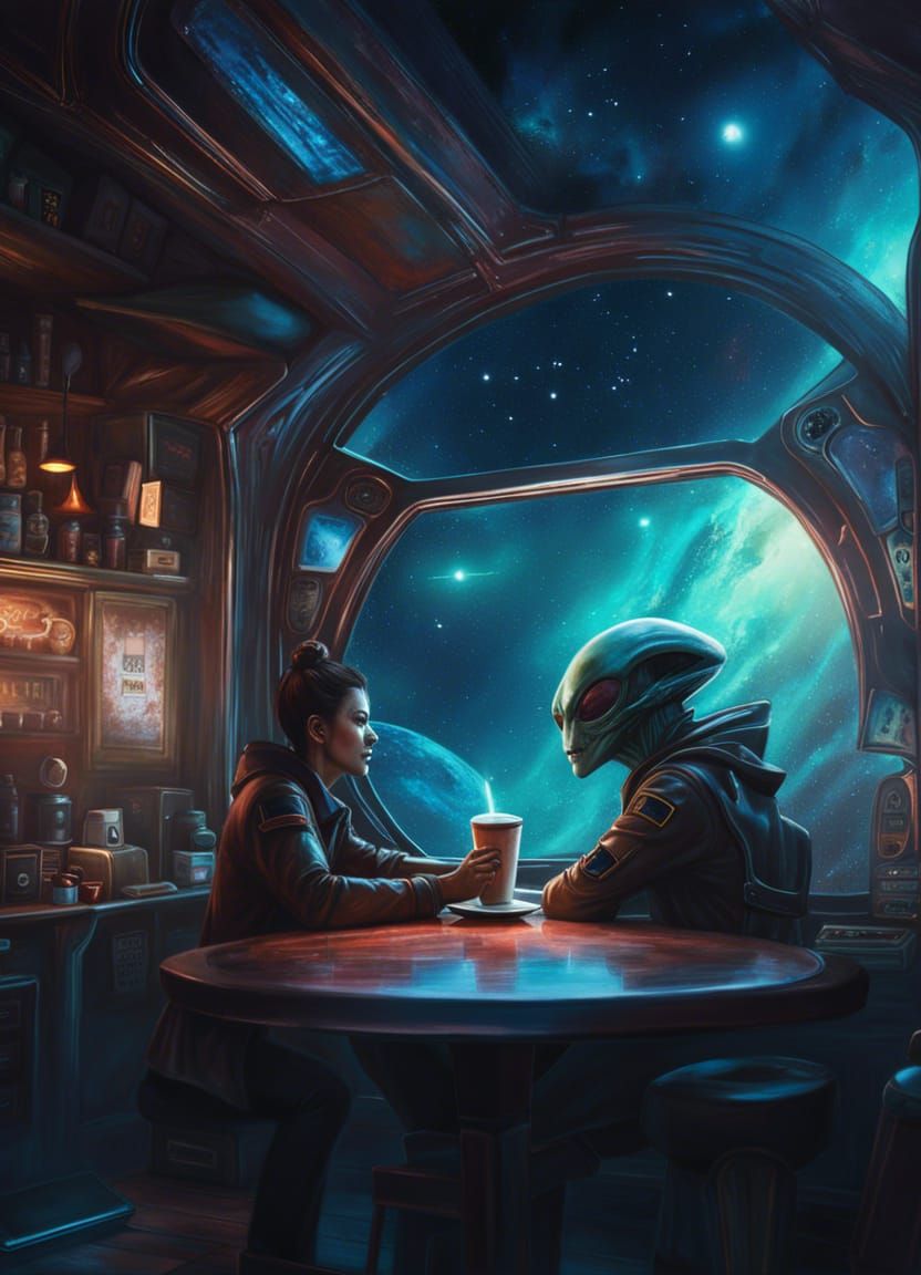 Alien Coffee Shop Floating in Space