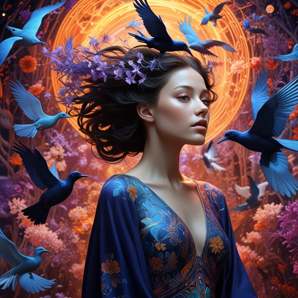 Ethereal Woman Dissolving into Birds Amidst Cosmic Energy
