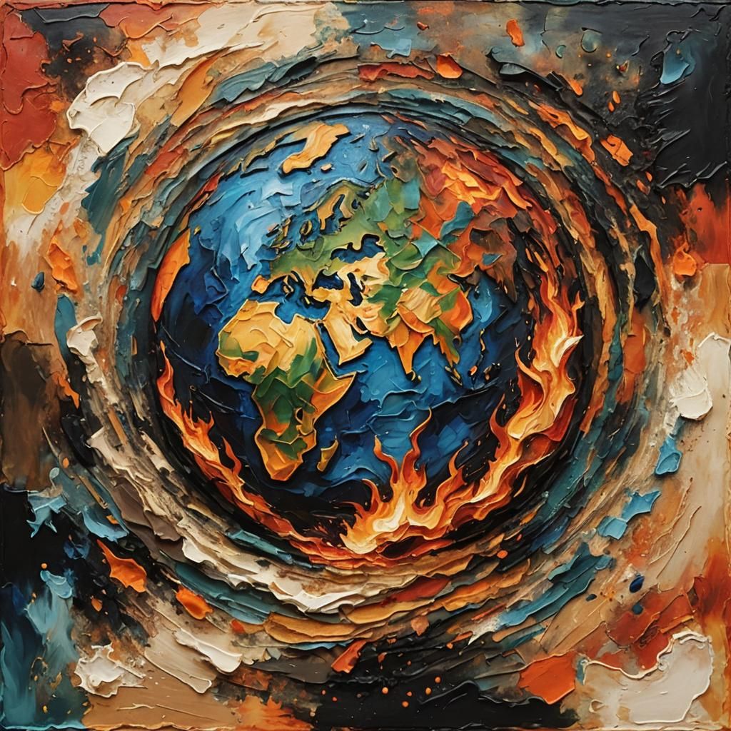 Earth Ablaze: Impasto Painting of a World on Fire