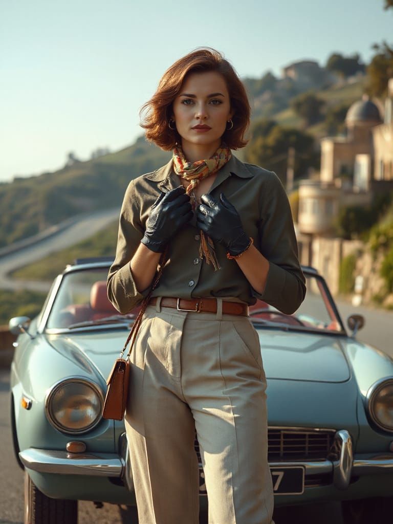 Woman Beside Vintage Car on Italian Road