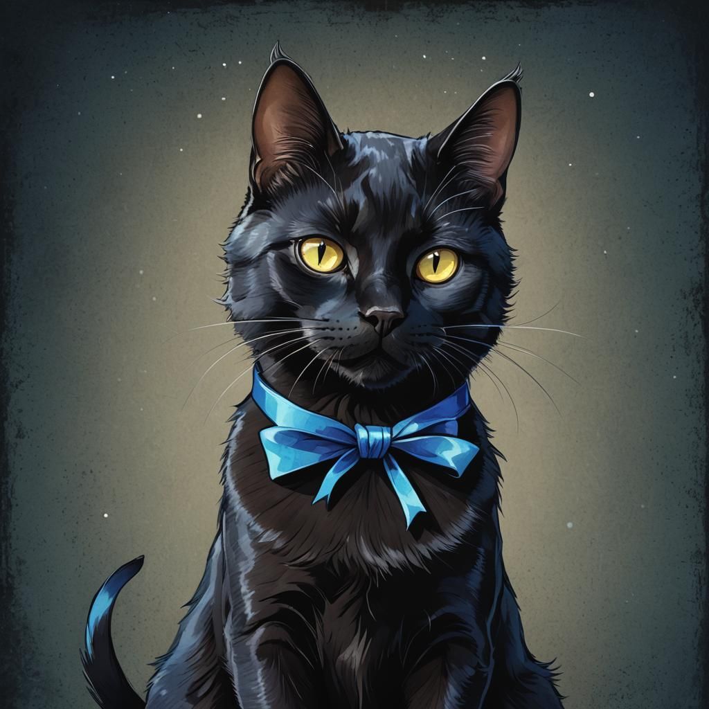 Black Cat with Blue Ribbon in Cartoon Style