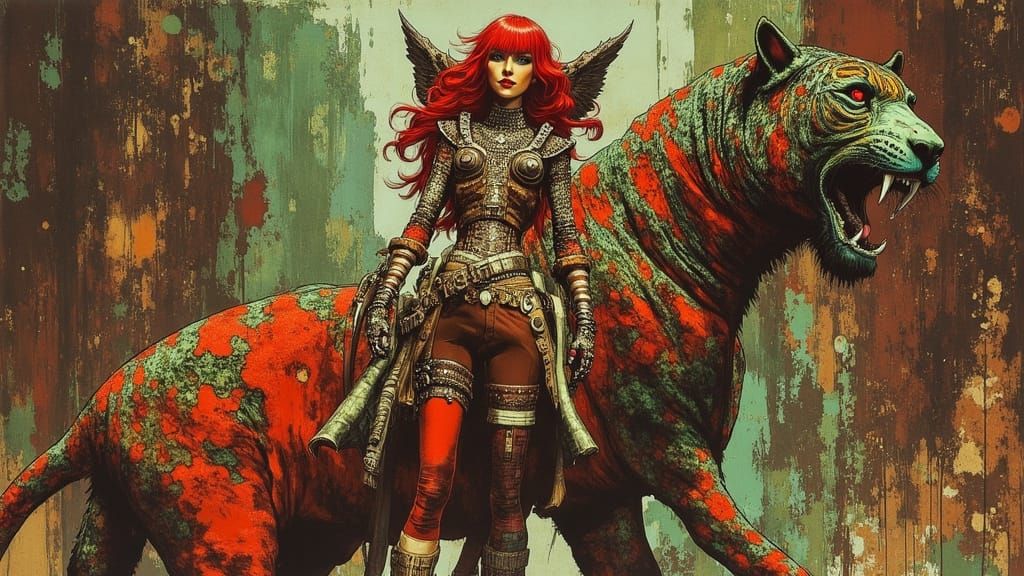 Sensual Red Sonja Rides a Serpentine Tiger in a Vibrant Fant...