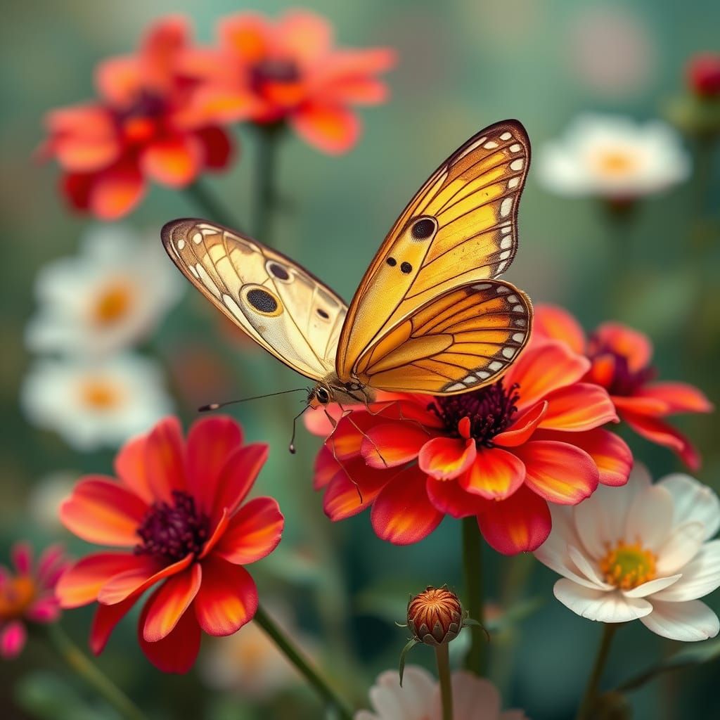 Whimsical Butterfly Amidst Vibrant Blooms in Bold Colors