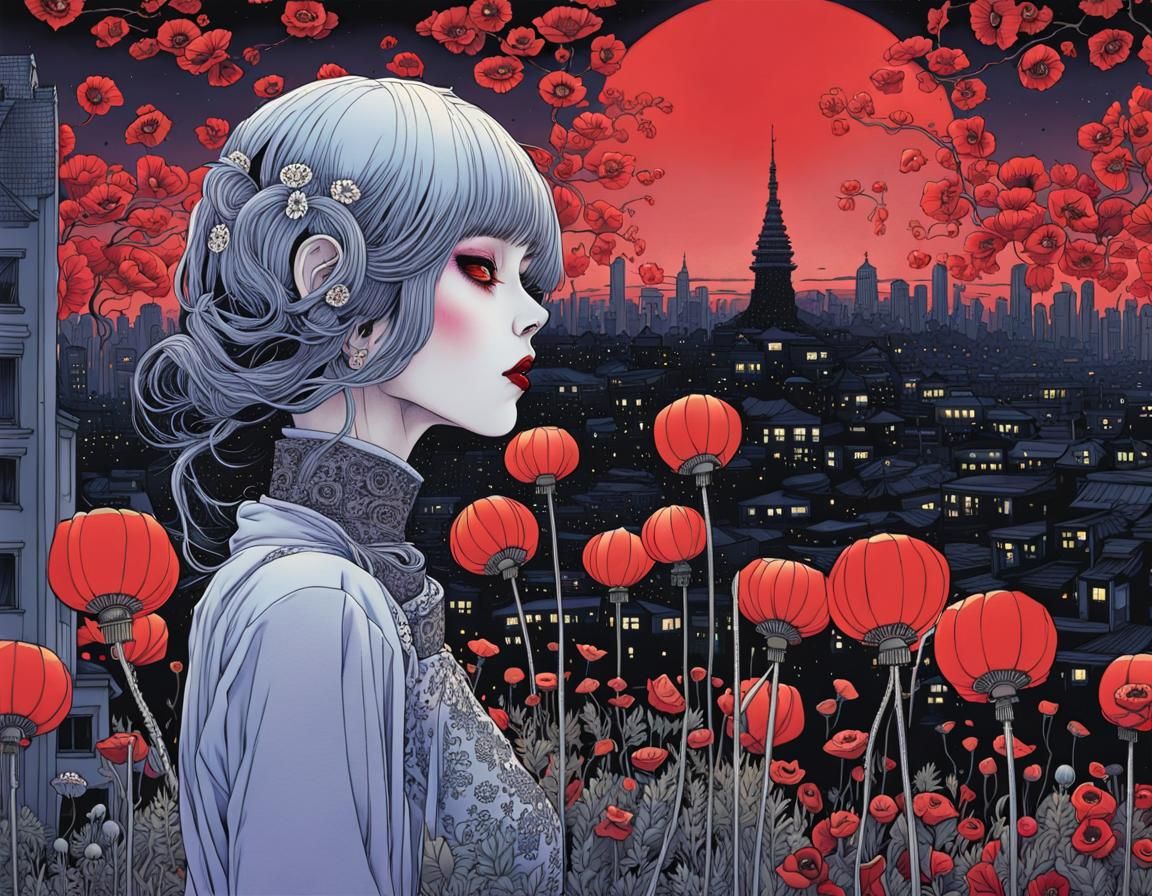 Eerie Cyberpunk City Street with Skeletons Illustration