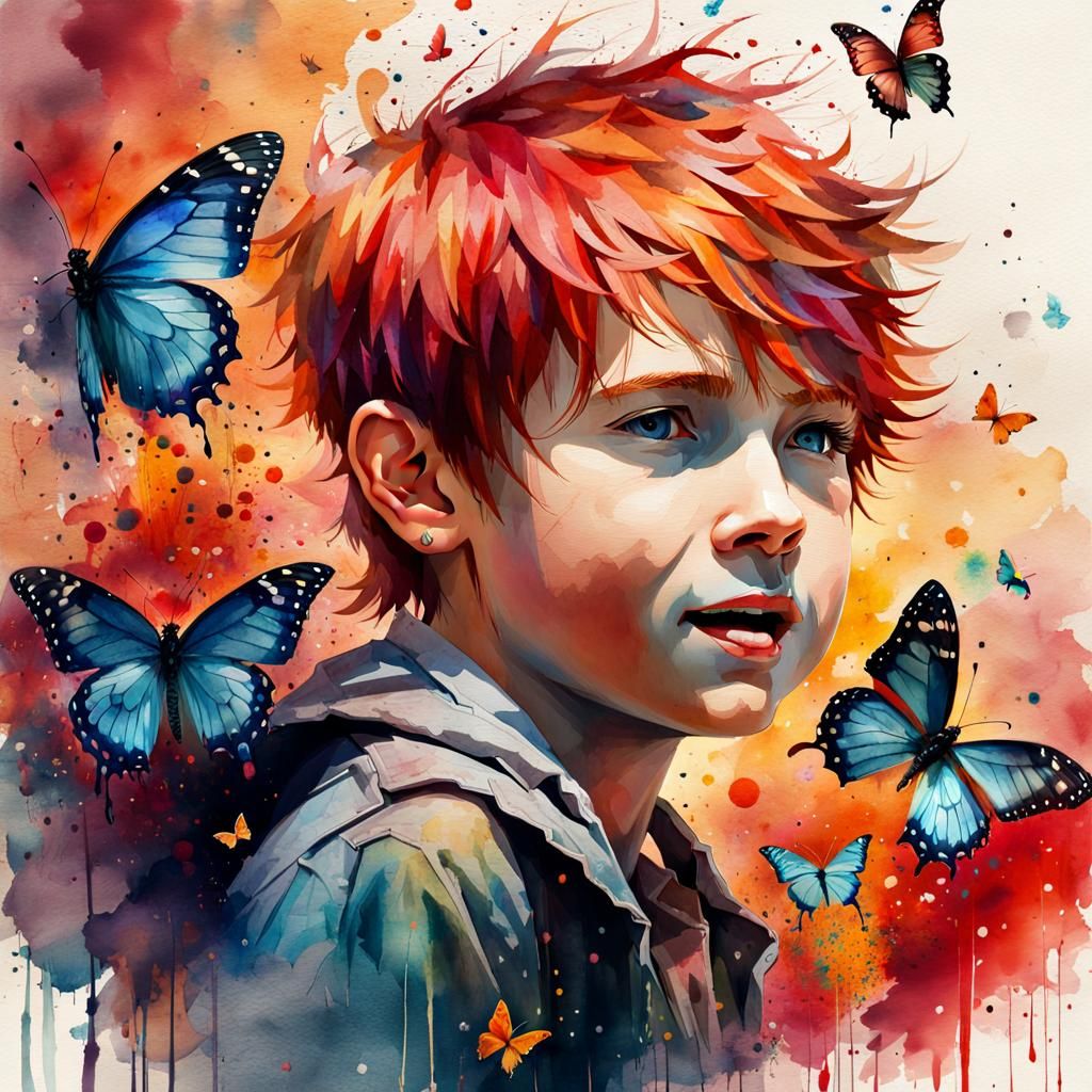 Red-Haired Boy Laughing in Digital Watercolor