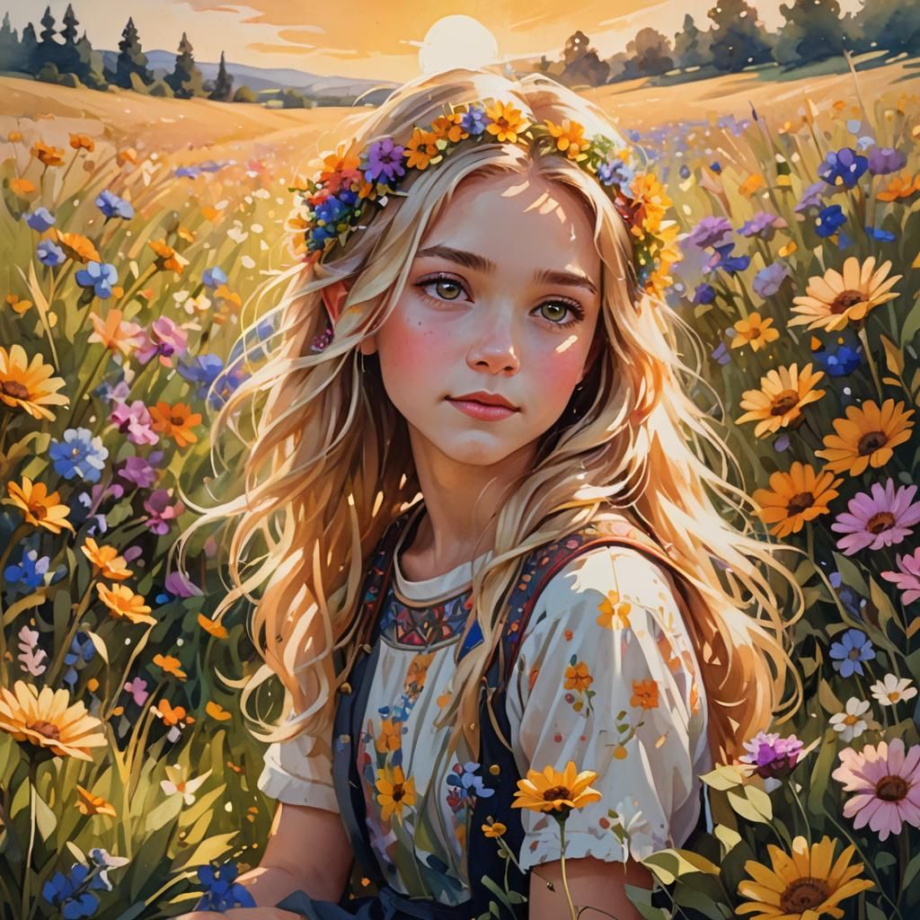 Blonde Girl in Flower Field: Vibrant Oil Painting