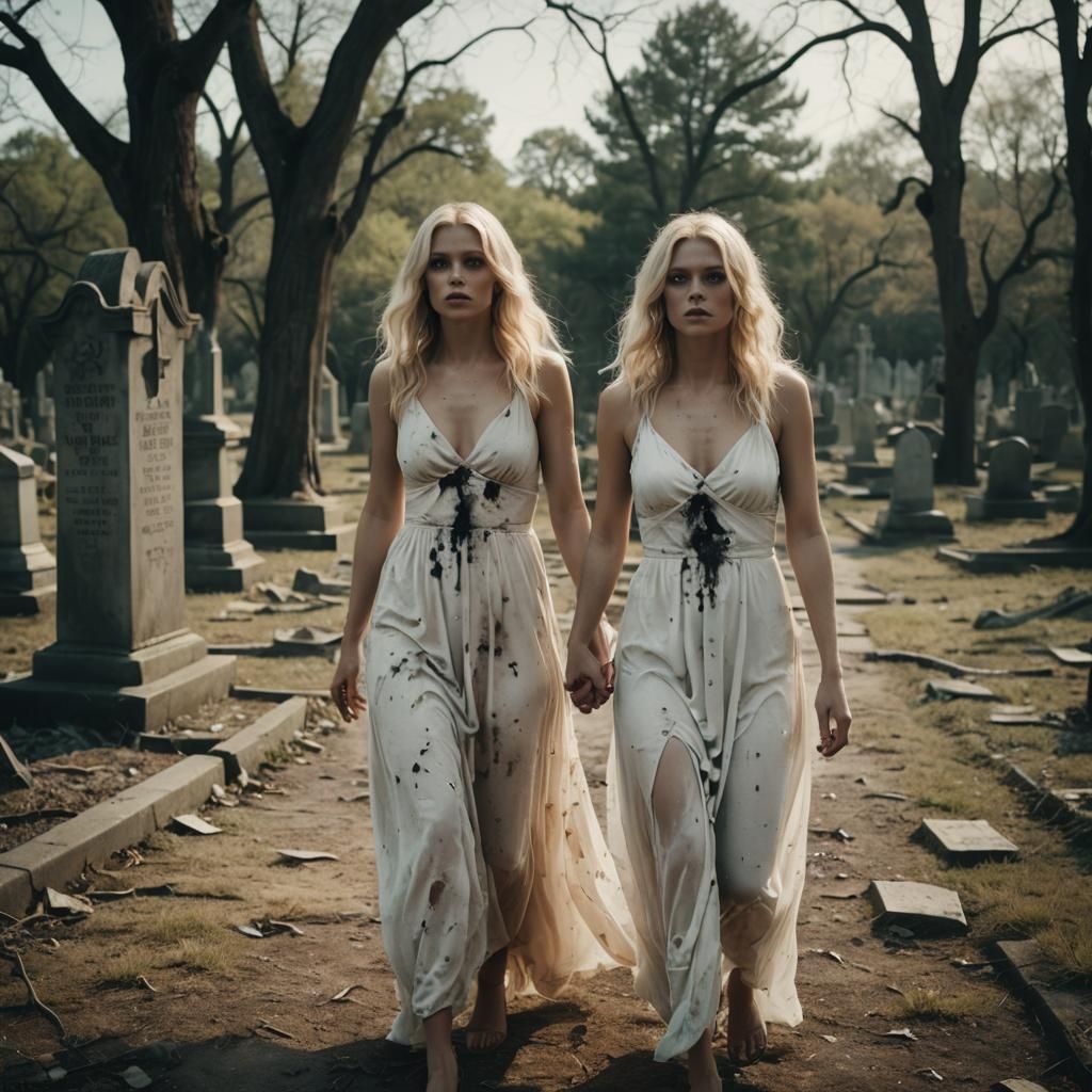 Eerie Graveyard Scene with Twins and Ghostly Figure