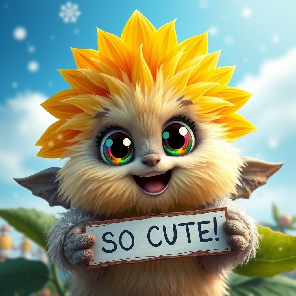 Whimsical Fluffy Creature Soars in Vibrant Snowflake Sky