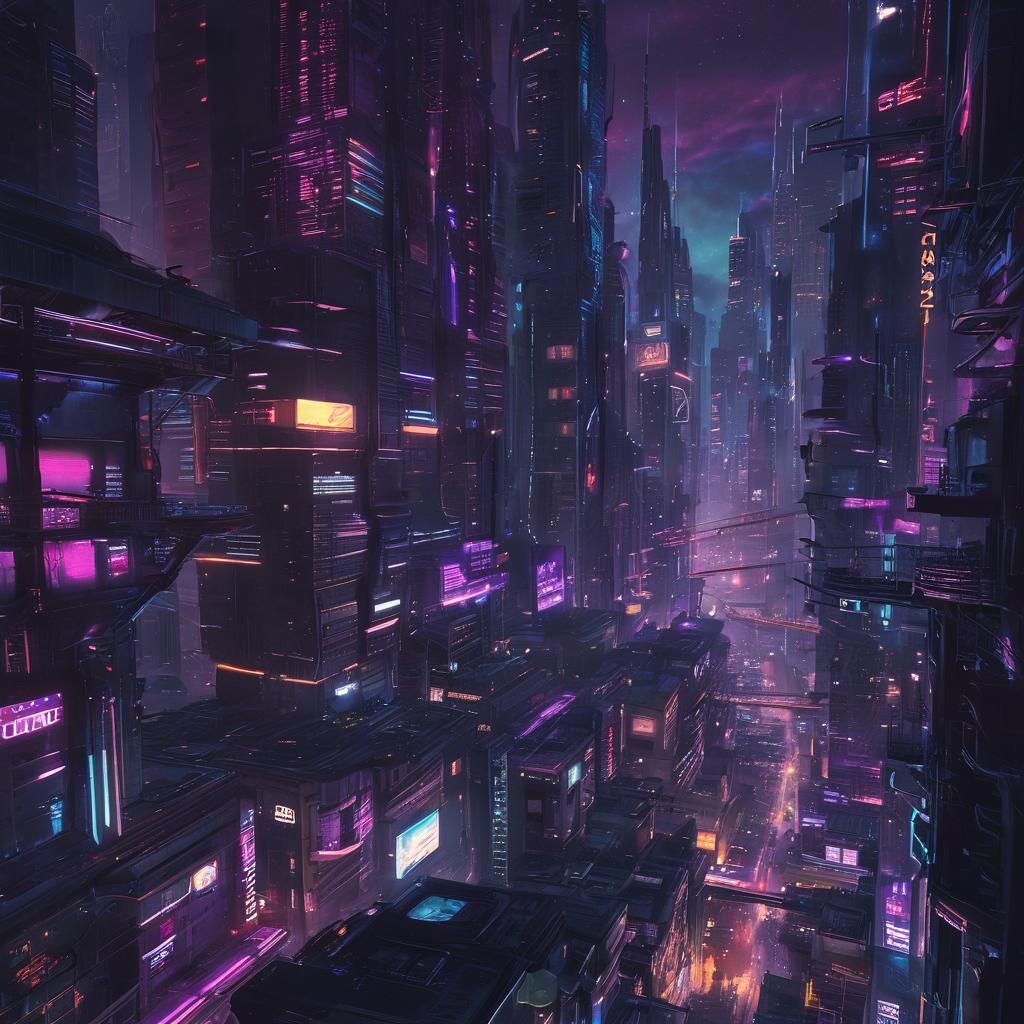 Cyberpunk Cityscape in Space with Neon Lights