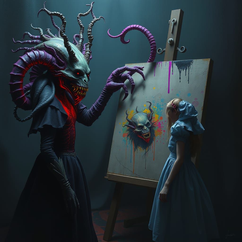 Eerie Queen Touches Canvas with Tentacle in Digital Art Styl...