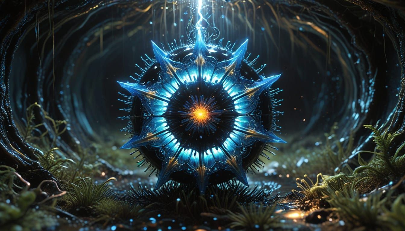 a ferrofluid psychedelic giant star trapped in a 4D tesseract suspended in a living landscape of liquid-like organic tun...