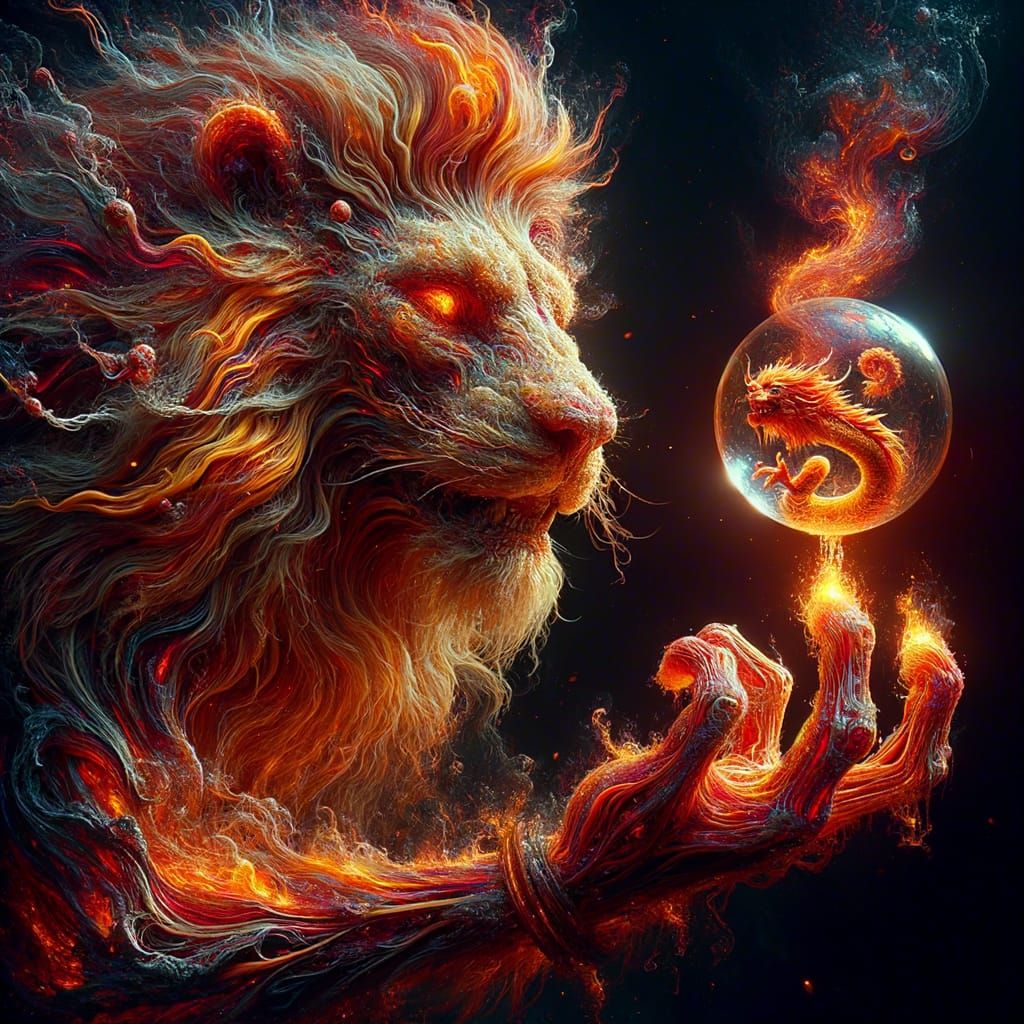 Fiery Lion with Dragon Orb in Ultra-Realistic 8k