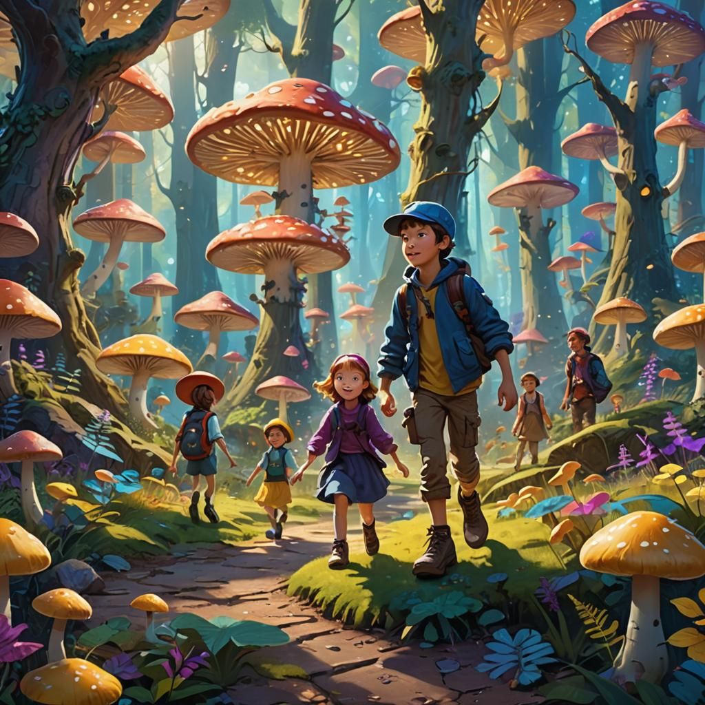 Children Playing Tag in Whimsical Glowing Park