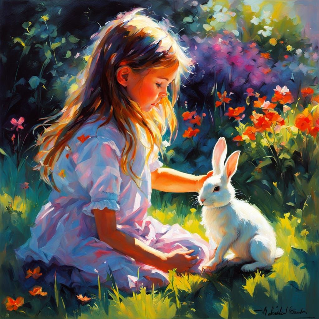 Girl Plays with Rabbit in Vibrant Neon Garden