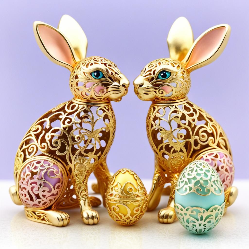 Golden Filigree Easter Bunnies and Pastel Eggs