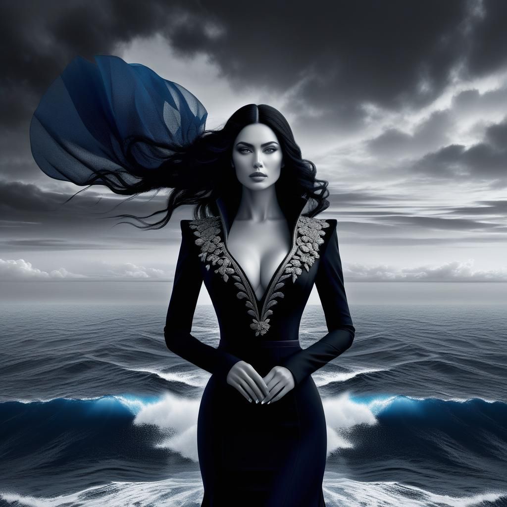 Black and White Portrait of Woman at Sea