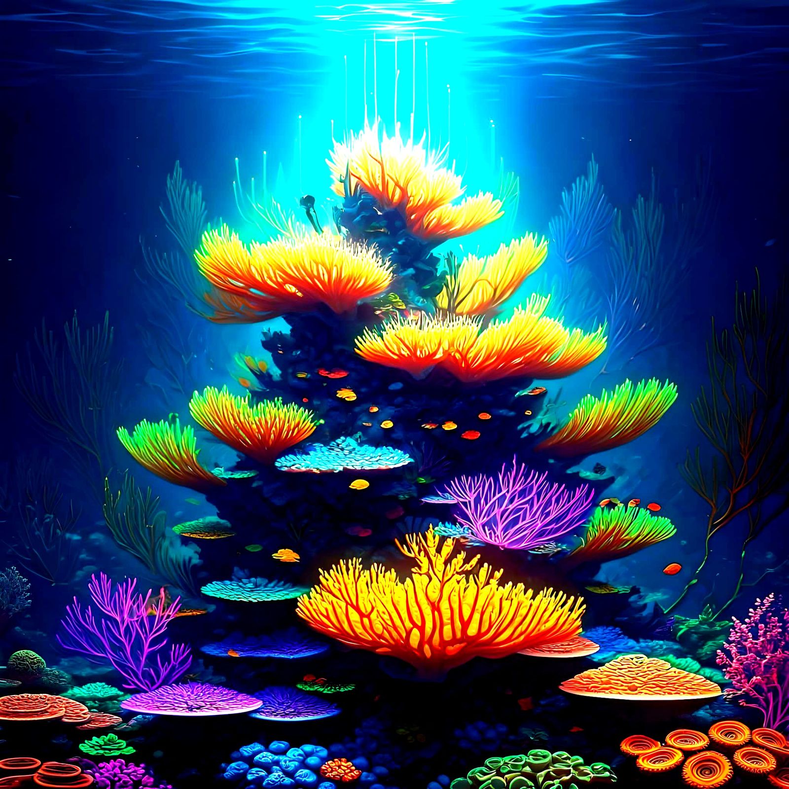 Fluorescent Coral Reef in Ocean Depths