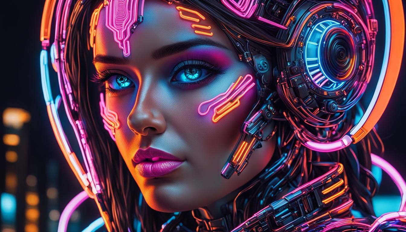 Girlborg in Neon Future Cityscape