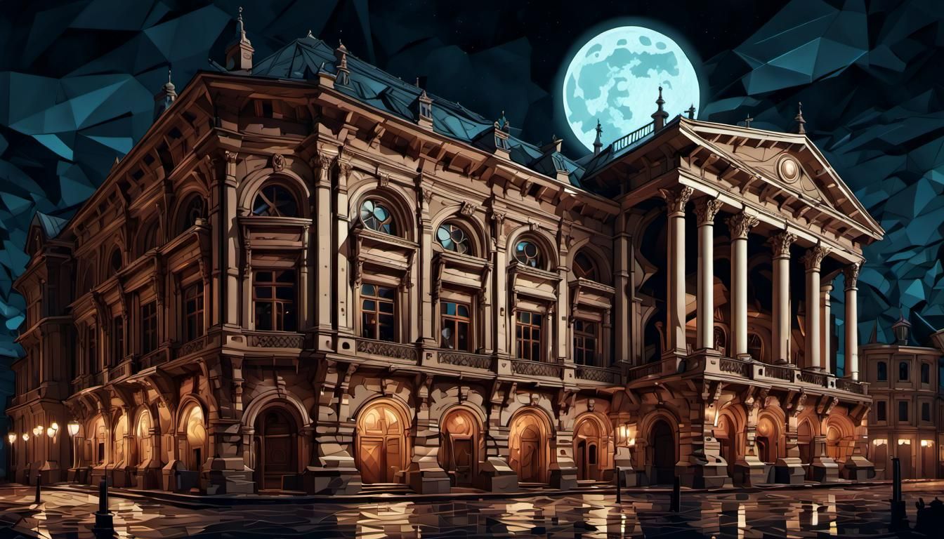 European Opera House Under Moon in Vector Art