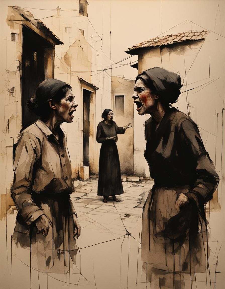 Sicilian Women Arguing: Expressionist Mixed Media Sketch