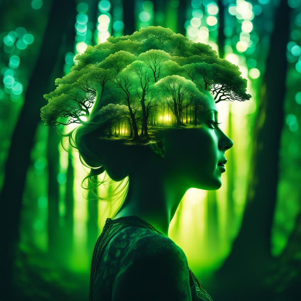 Double Exposure: Forest Scenery Inside Dryad Silhouette