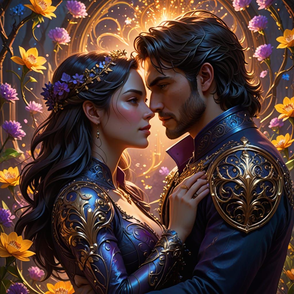 Whimsical Fantasy Couple Embracing in Vibrant Oil Painting