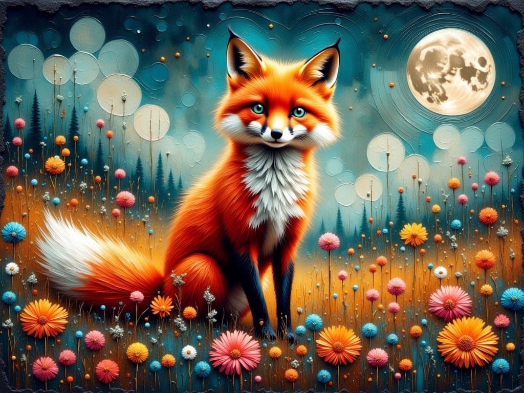 Vibrant Impasto Oil Painting of a Fox Under the Moonlit Nigh...