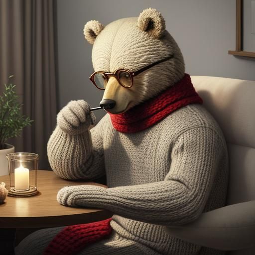 Cozy Bear Knitting on Sofa: A Heartwarming Scene