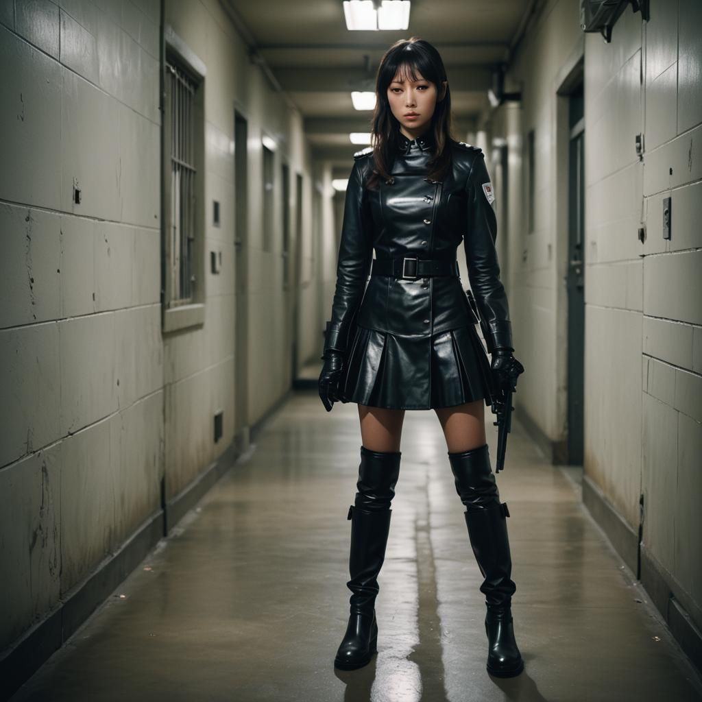 Woman in Leather Guard Uniform: Cinematic Film Still