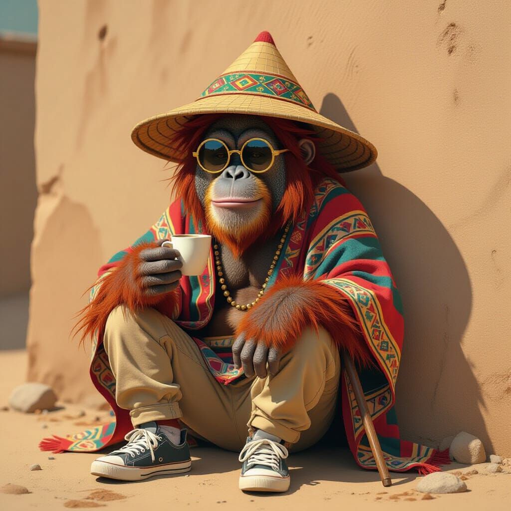 Anthropomorphic Orangutan in Chinese Hat and Peruvian Poncho