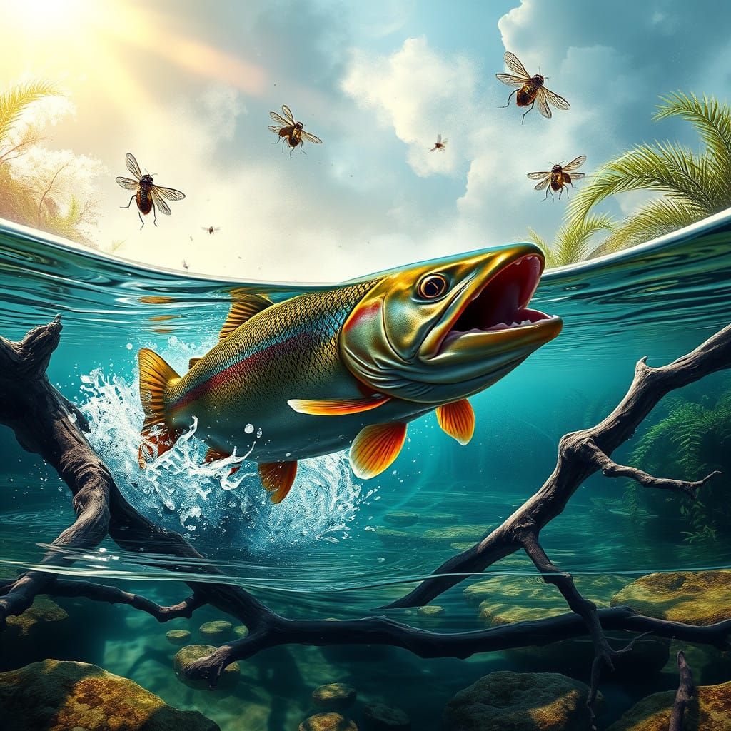 Trout in Mid-Air Hunt Iridescent Mayflies