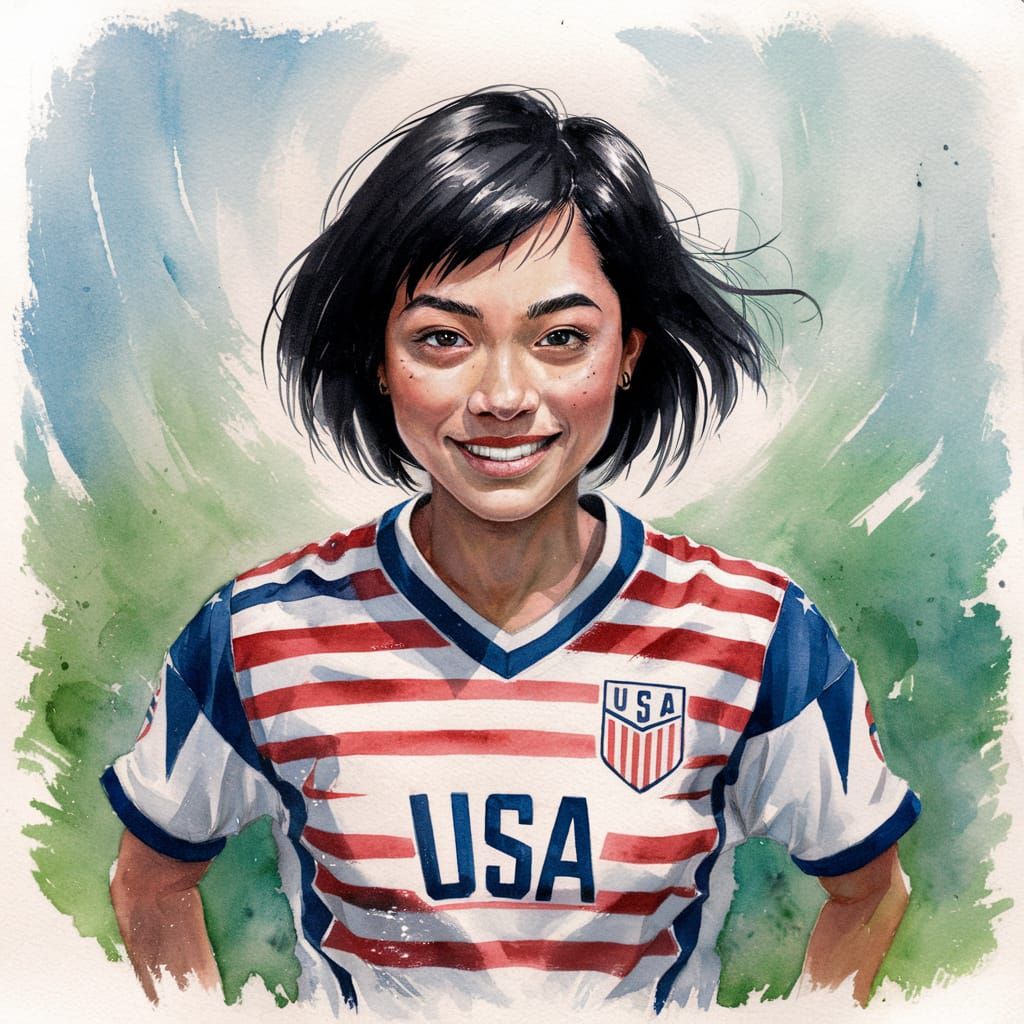 Watercolor Portrait of Woman in USA Soccer Jersey