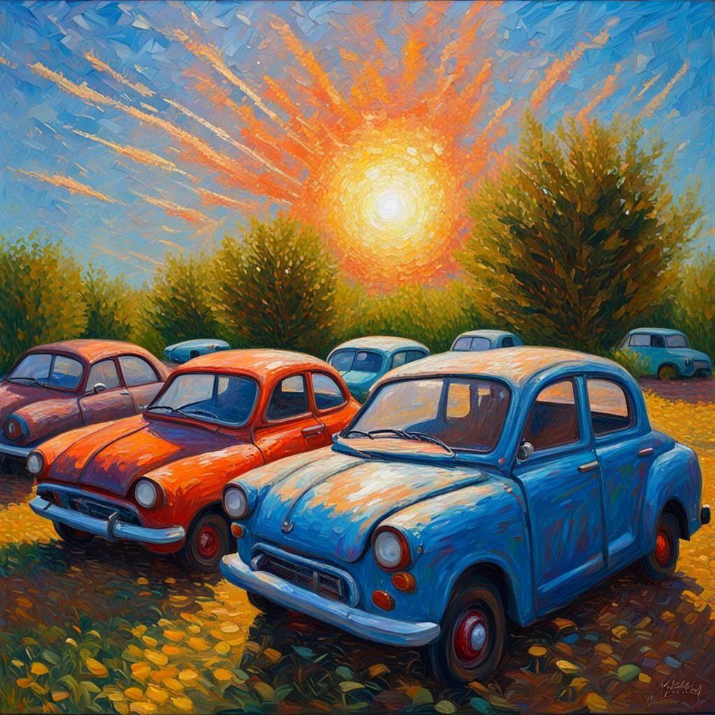 Cars Abandoned Under Exploding Sun: An Expressionist Oil Pai...