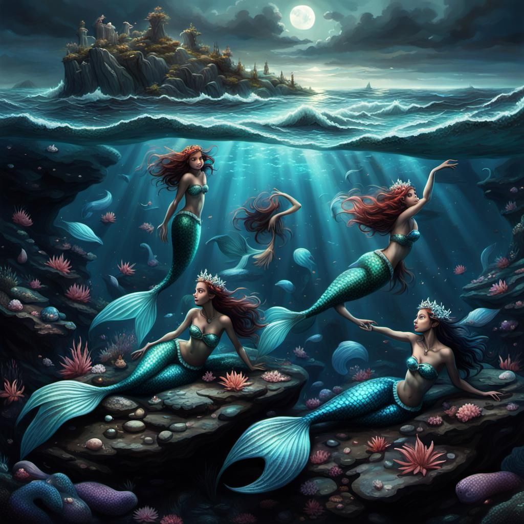 Alluring Mermaids on Jagged Rocks: 3D Digital Art
