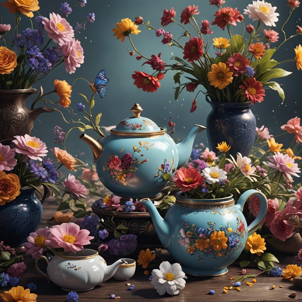 Teapot Pouring Flowers: Detailed Fantasy Art