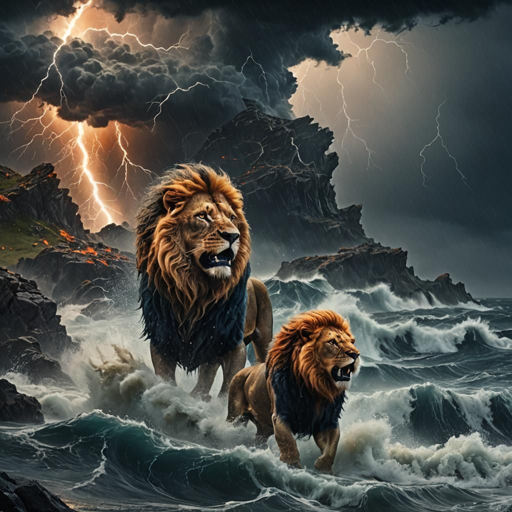 Storm Lion Roaring in a Digital Painting