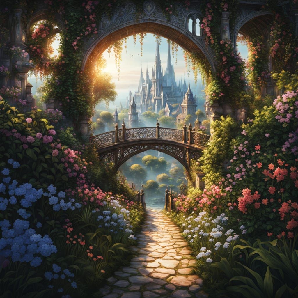 Bridge to Enchanted Elven Realm in Art Nouveau Style