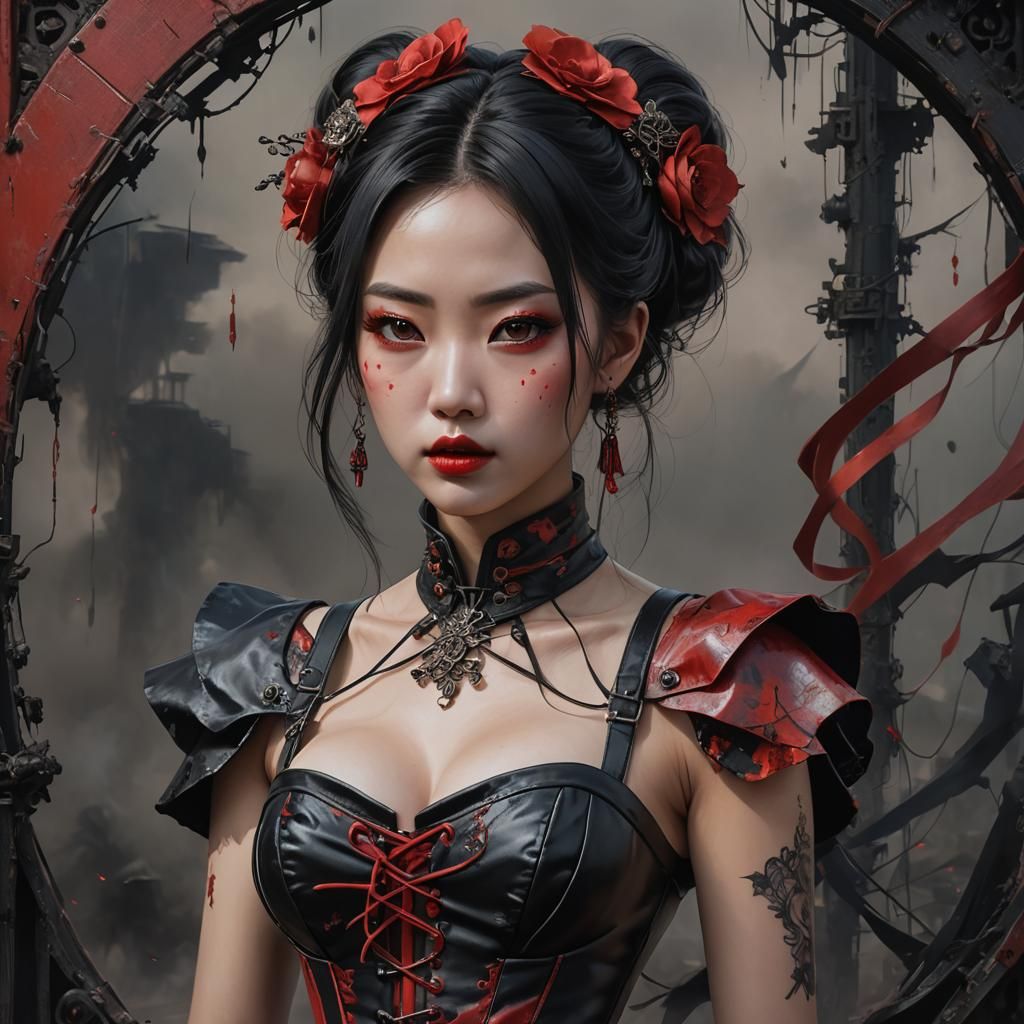 Beautiful Japanese Woman in Post-Apocalyptic Acrylic Paintin...